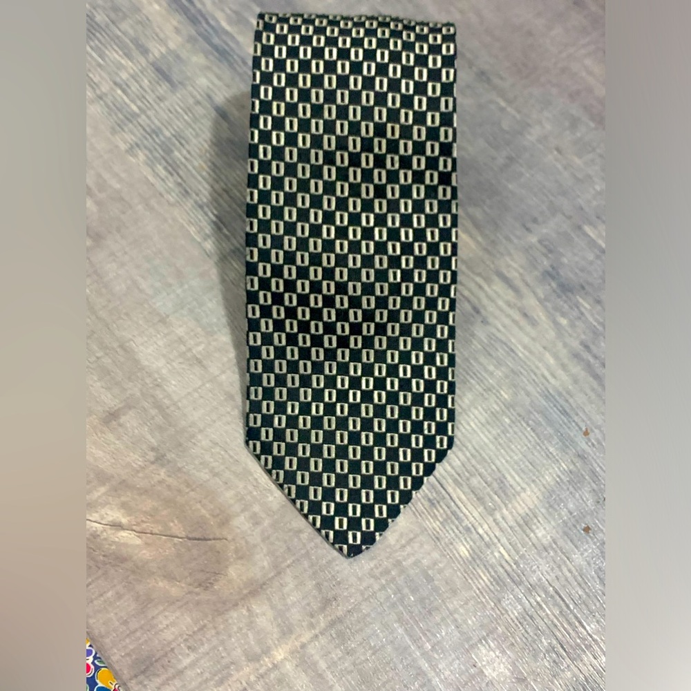 Mort Wallin Navy & Cream Geometric Print Silk Cravatta Mens Neck Tie